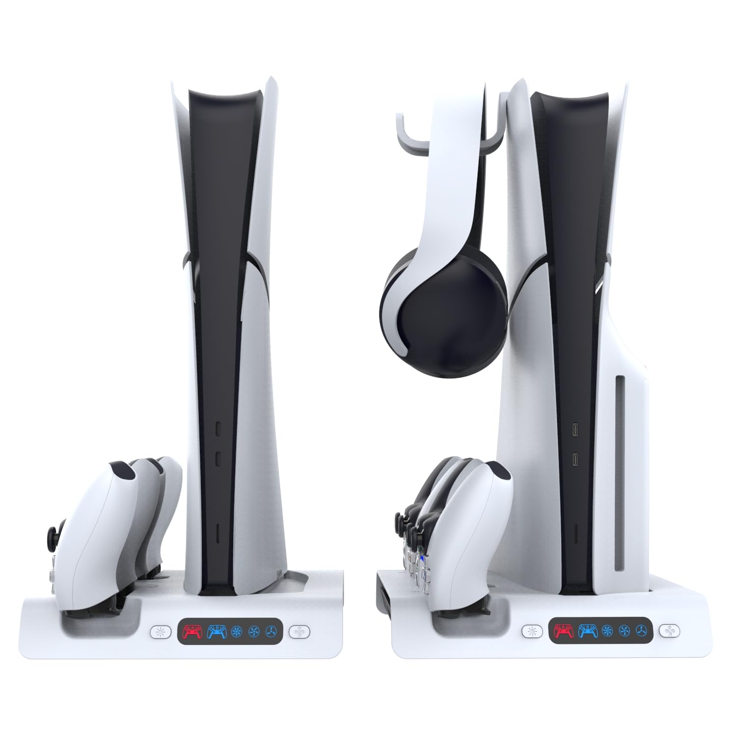 Soporte de Carga con Ventilador de refrigeración para PS5 Pro /PS5 Slim Digital/Consola de Disco, Soporte de Carga del Mando Soporte de refrigeración con Gancho para Auriculares con 9 Luces RGB