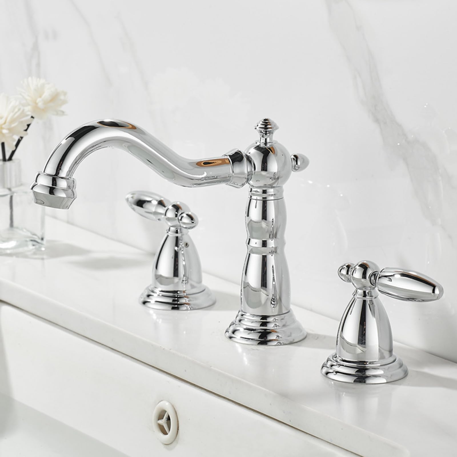 Rubinetti con Bocca Girevole a Doppia Leva, Miscelatore Lavabo Bagno 3 Fori Caldo Freddo Rotazione 360 ​​Doppia Maniglia Multicolor(Chrome)