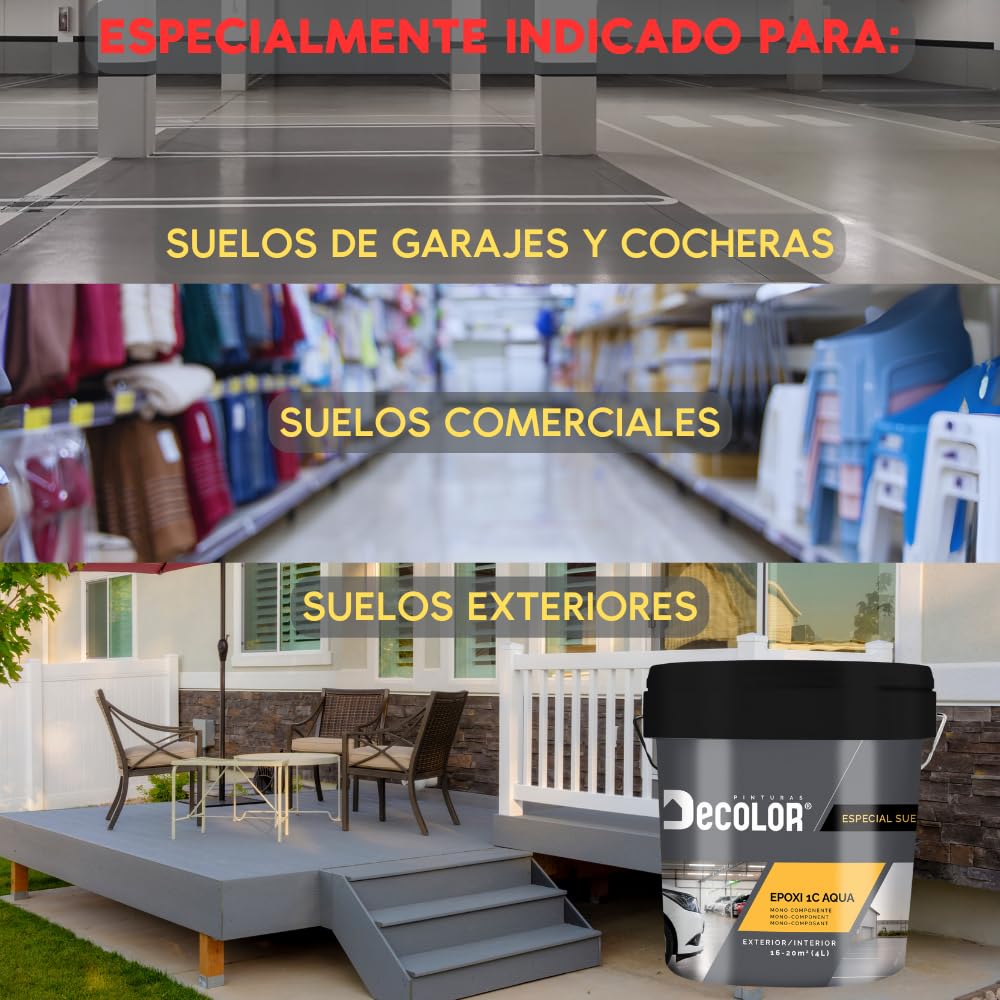 Pintura de Resina Epoxi Monocomponente Al Agua. Protege y Decora Suelos de Hormigón, Garajes, Terrazas, Pistas Deportivas. Exterior/Interior. 15 Litros GRIS LUMINOSO RAL 7035