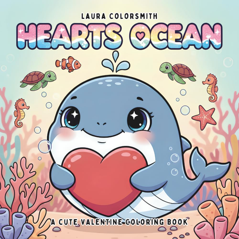 Hearts Ocean - A Cute Valentine Coloring Book: A Cozy Valentine Coloring Book Filled with Cute Ocean Animals and Sweet Heart Moments