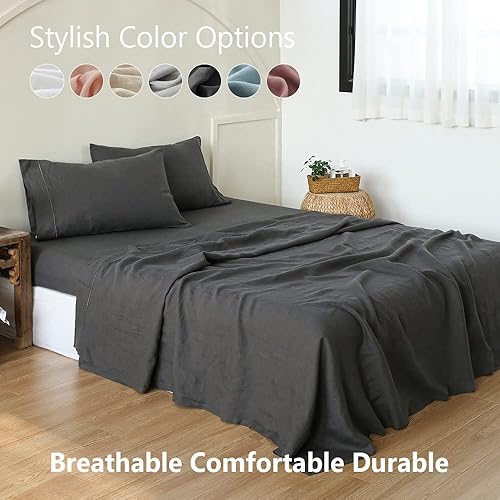 Miniatura 6 de Simple&Opulence Juego de sábanas de lino 100% belga bordado color liso Super suave lavado a la piedra