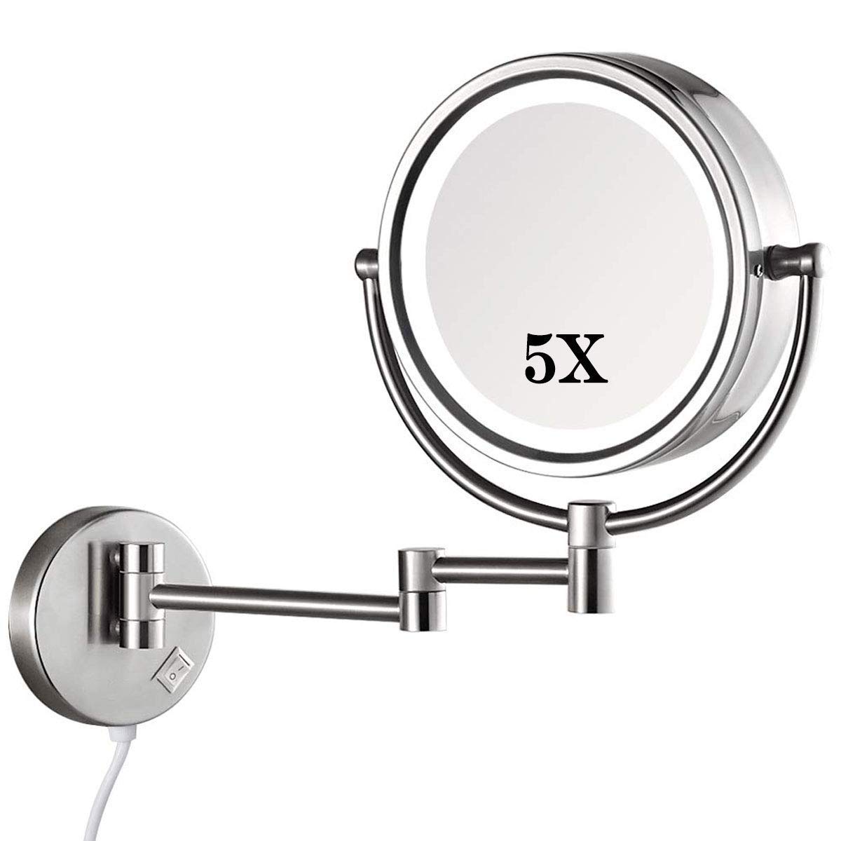 Miroir de maquillage mural lumineux grossissant 5X nickel rotatif
