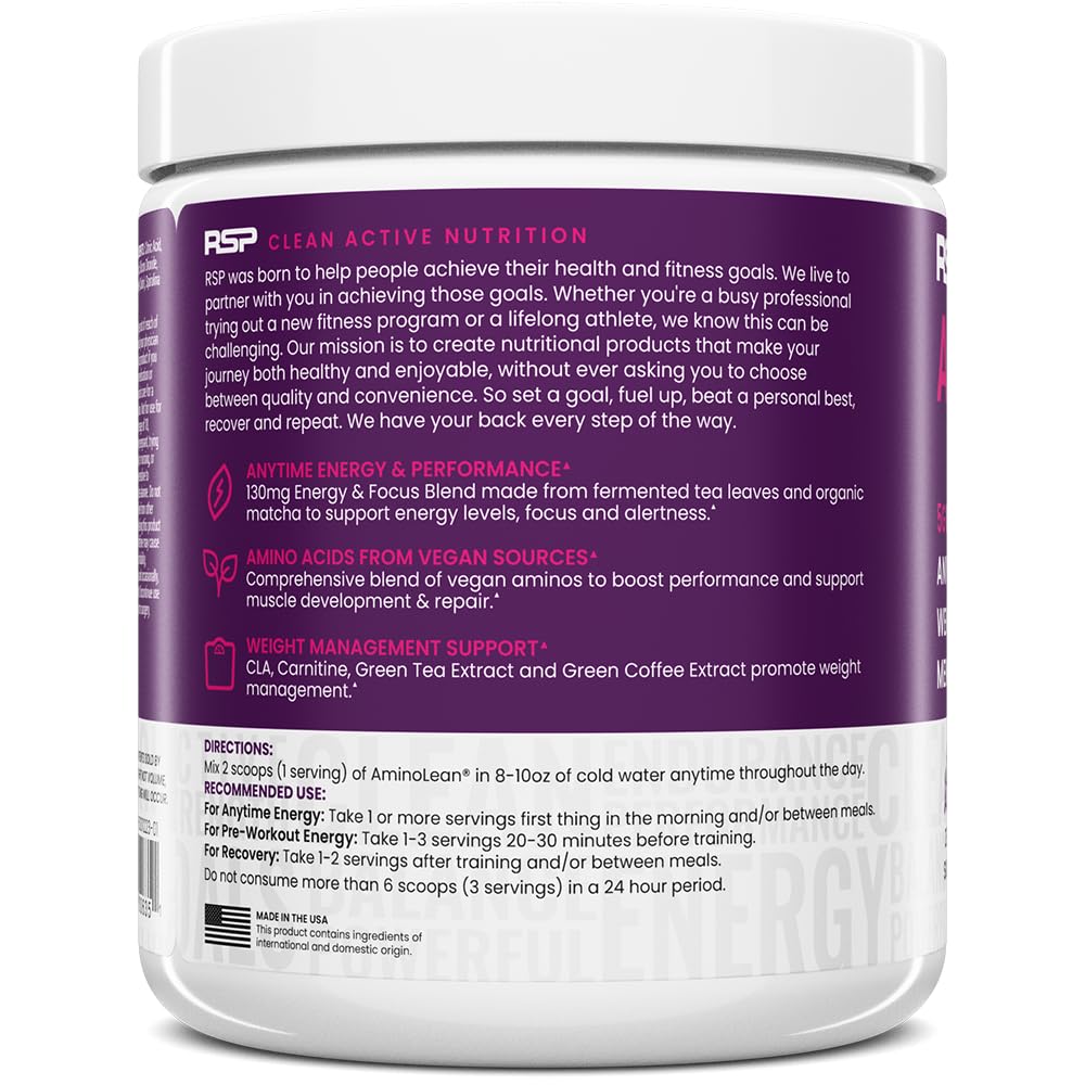 RSP NUTRITION AminoLean Pre Workout Powder, Amino Energy & Weight Management with Vegan BCAA Amino Acids, Natural Caffeine, Preworkout Boost for Men & Women, 30 Serv