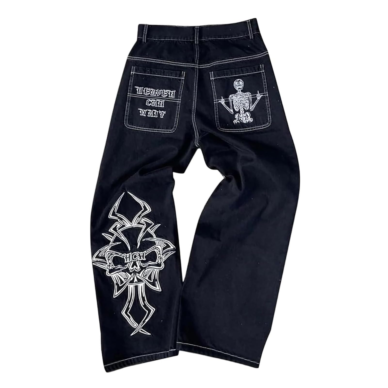 Gotyckie Jeansy Męskie, Wysokiej Jakości Dżinsy z Unikalnym Haftem Krzyża i Czaszki, Styl Vintage Y2K Baggy, Luźny Krój z Prostymi Nogawkami