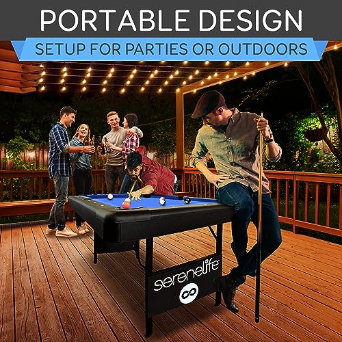 Image of SereneLife 6-Ft Folding Pool Table - Best in Stability - Steel Frame, Fully Supported Slate, Welded Leg Supports with Safety Anti Collapse Locks, 128LB Heavy Duty Billiard Game and Accessory Set