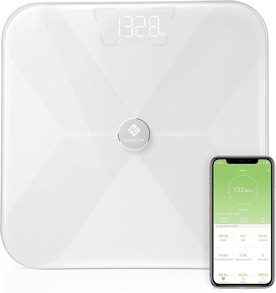 Báscula Inteligente de Grasa Corporal Bluetooth, Báscula Digital Inalámbrica de Peso IMC para Baño con 13 Medidas Esenciales y Vidrio Conductivo ITO, Analizador de Composición Corporal con Aplicación, Blanco