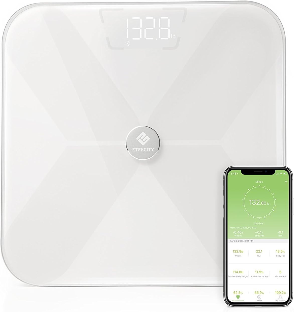 Etekcity Smart Bluetooth Body Fat Scale, Digital Wireless BMI Weight Bathroom Scale with 13 Essential Measurements and ITO Conductive Glass, Body Composition Analyzer with App, White
