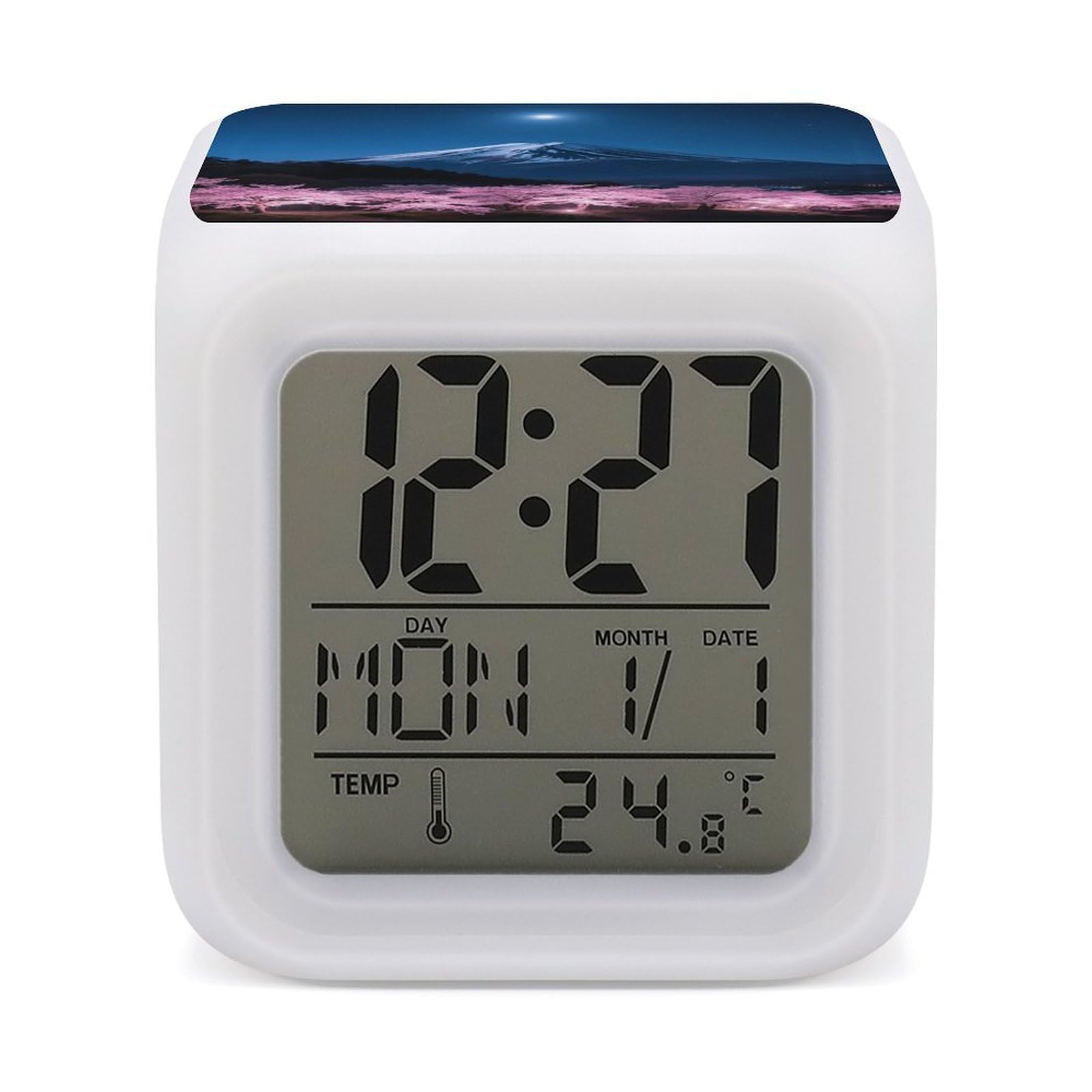 7 Color Ambient Night Light Cube Battery Operated Starry Night Sakura Digital Clock with Snooze Temperature LED Digital Alarm Clocks Dimmable Wake Up Light Portable Mood Lamp for Bedroom Desk Gift