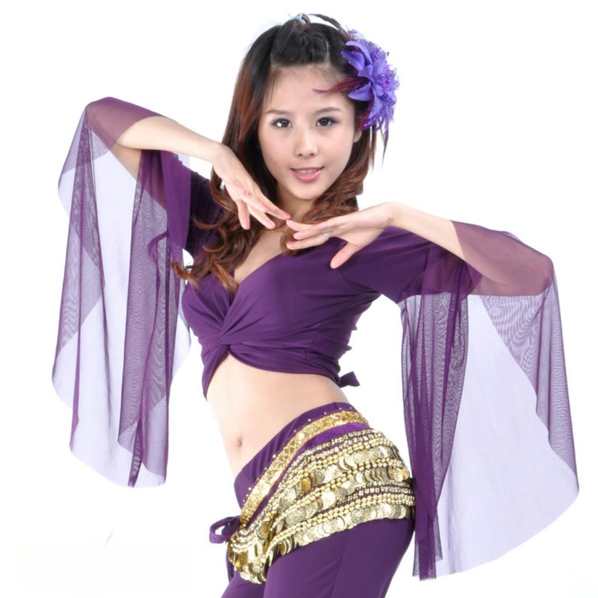 Haut court de danse manches évasées pour femme, haut cache-cœur col en V et manches 3/4 en tulle, chemise lacets bretelles pour danse du ventre tribale, chemisier pompons nouer soi-même for festival