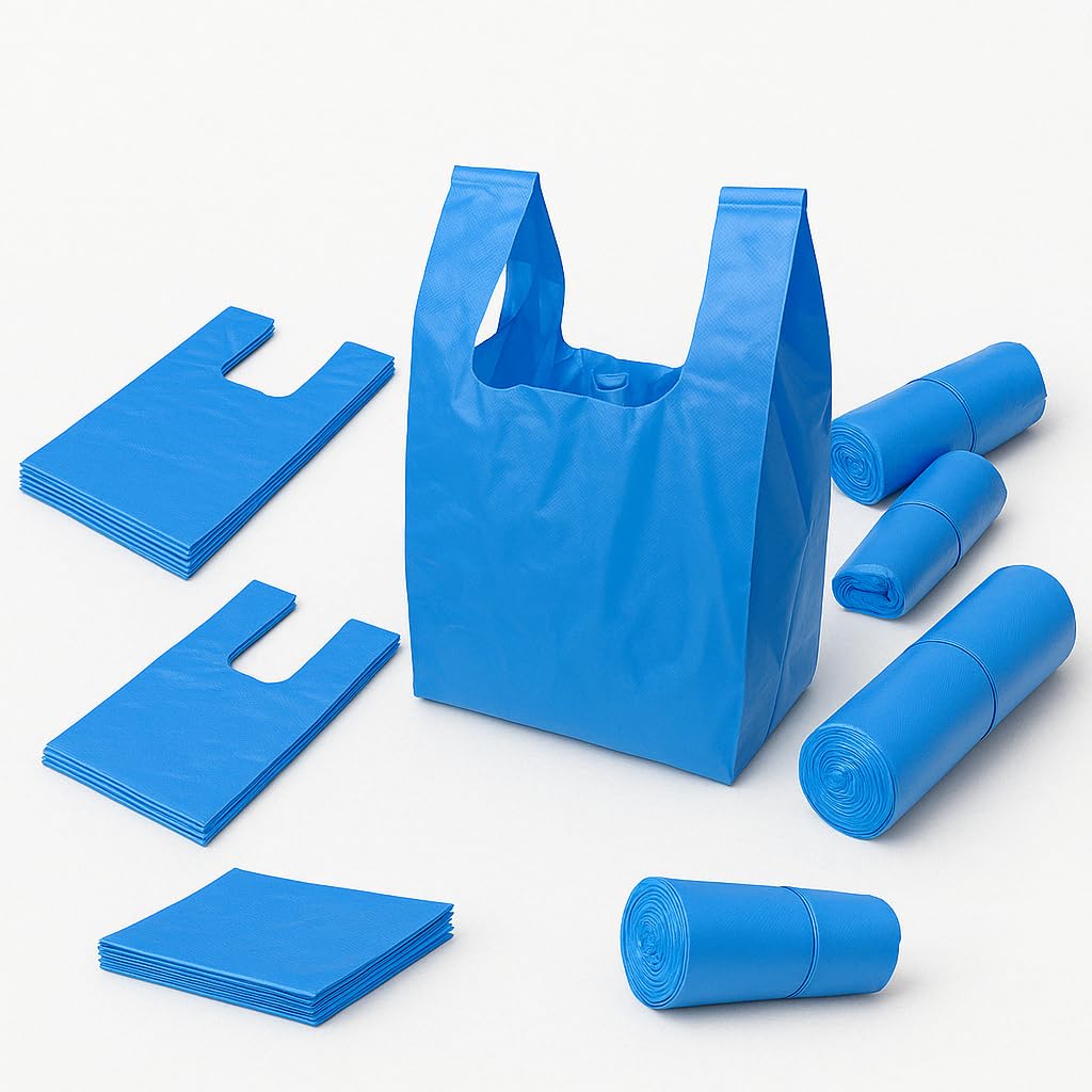 Lianpak Extra Strong Heavy Duty Blue Clear Vest Carrier Bags 30mu with FlexTech, Soft Touch, Recycled, Tear Resistant - Perfect for Household, Office, Kitchen & Caterers (Pack of 100, 13"x19"x23")