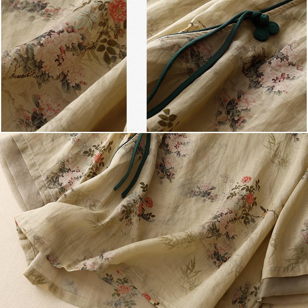 Chemisier chinois à manches 3/4 pour femme - Col mandarin traditionnel - Ethnique - Coton et lin - Qipao