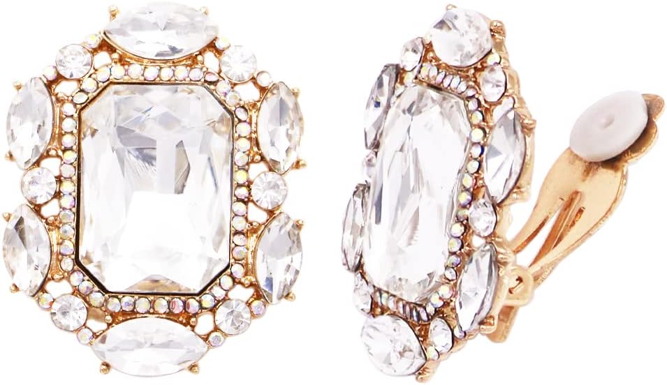 Rosemarie & Jubalee Women's Stunning Statement Emerald Cut Crystal Clip On Style Earrings, 1.25"