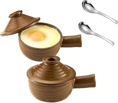 2 Set Microwave Egg Cooker Ceramic Egg Poacher with Dome Chimney Lid, Hollow Hand and 2 Stainless Steel Spoon for Household Use and Food Preparation