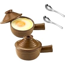 2 Set Microwave Egg Cooker Ceramic Egg Poacher with Dome Chimney Lid, Hollow Hand and 2 Stainless Steel Spoon for Household Use and Food Preparation