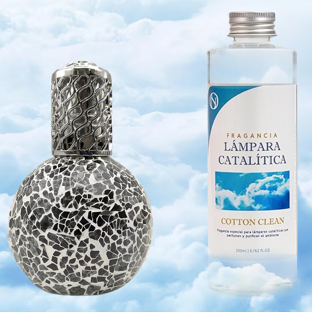 Pack Ahorro Lámpara Catalítica Mosaico Negro + Fragancia Aroma Cotton Clean 500ml. Elimina malos olores e impurezas, perfuma y limpia.