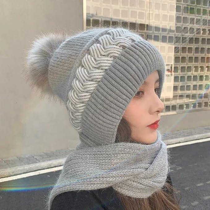 Richmen Winter Hooded Scarf Hat for Women Soft Knitted Beanie Hats Skull Pompom Cap for Ladies Winter 2 in 1 Scarfs Set for Girls Grey Free Size 2