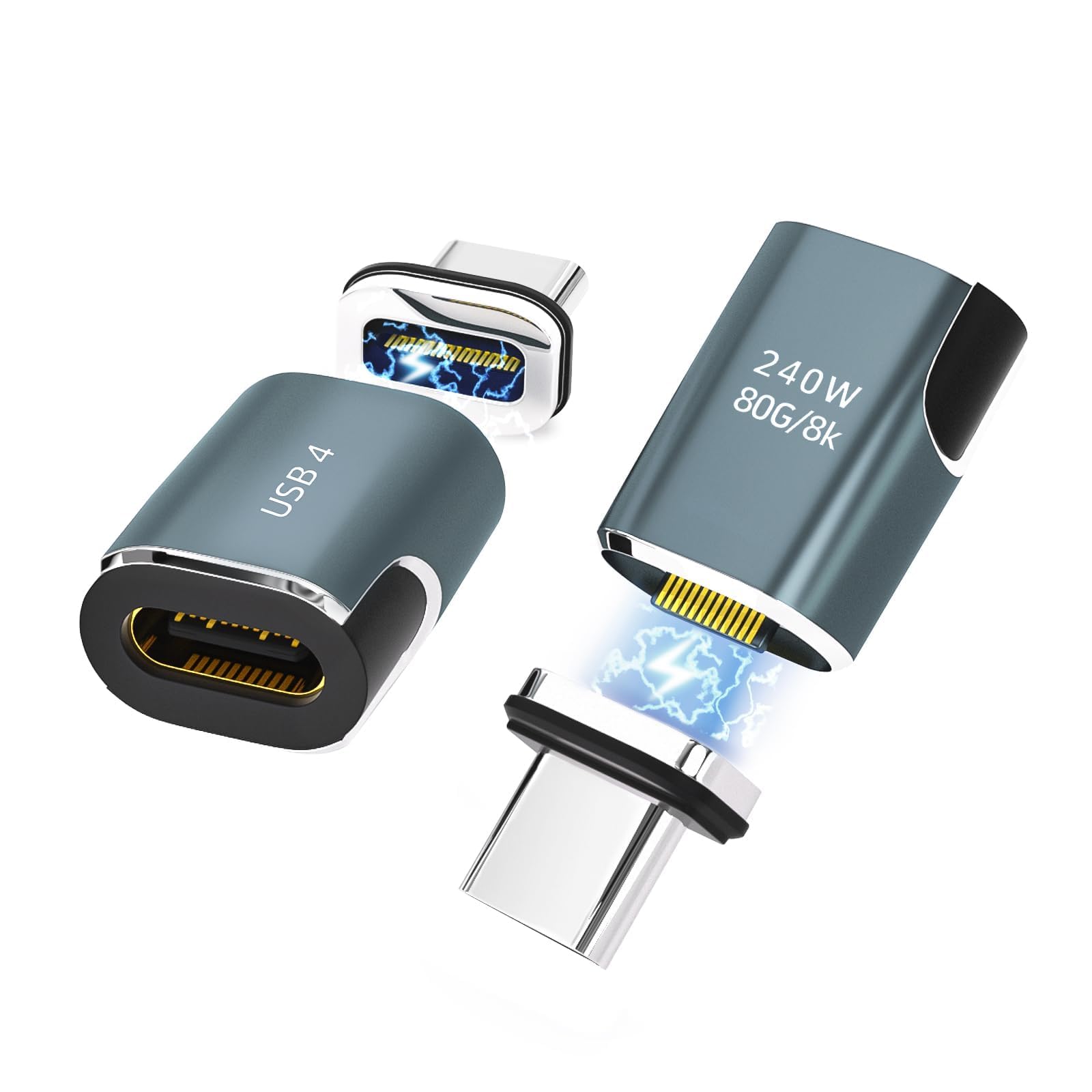 IVIVTOR USB C Magnet Adapter - 2 Pack 240W USB-C Magnetisch Stecker 24 pin mit 80gbps Übertragungsgeschwindigkeit geeignet für Laptops Tablets Smartphones - Zinnfarbe