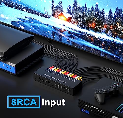 RuiPuo 8Port AV to HDMI Converter RCA/Composite/CVBS to HDMI Adapter Support 16:9/4:3 Switch for Wii/N64/PS1/PS2/PS3/VHS/VCR/DVD Players etc (8Port RCA in to 1 HDMI Converter with IR Remote)