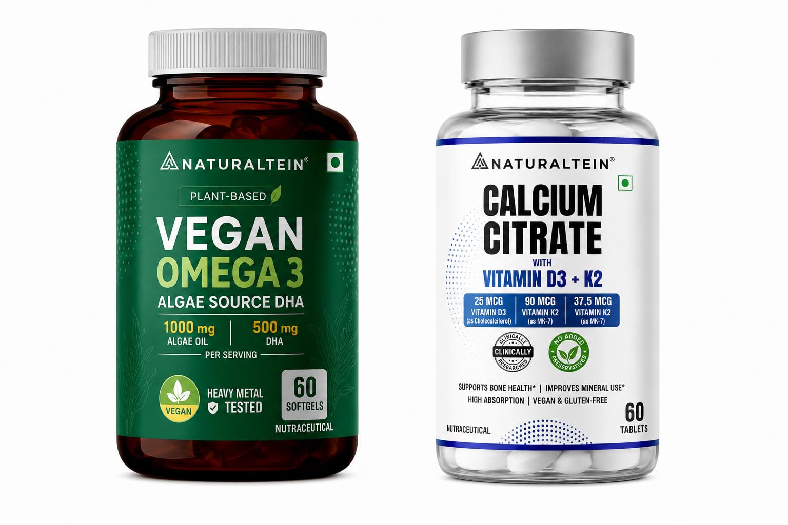 naturaltein vegan omega-3 & calcium wellness duo | plant-based bone support | plant-based omega-3 + calcium duo | algae dha | bone health support | vitamin d3 + k2 | vegan & gluten-free