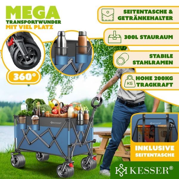 KESSER® Chariot GTR9000 - Chariot manuel 200Kg | 300L d'espace de rangement - Chariot de transport pliable avec roues extra larges pivotant à 360° & freins de stationnement - Chariot de plage