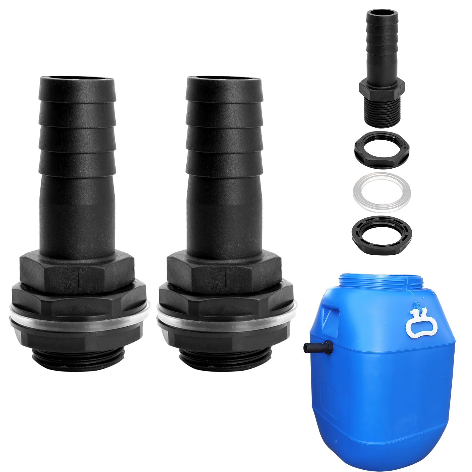 2 Pack 25mm Water Butt Connector Kit, Plastic Double-Threaded Tank Outlet Fitting with Seals, Leak-Resistant Waterbutt Hose Connector for Rain Barrel, Water and Oil Applicable, Black