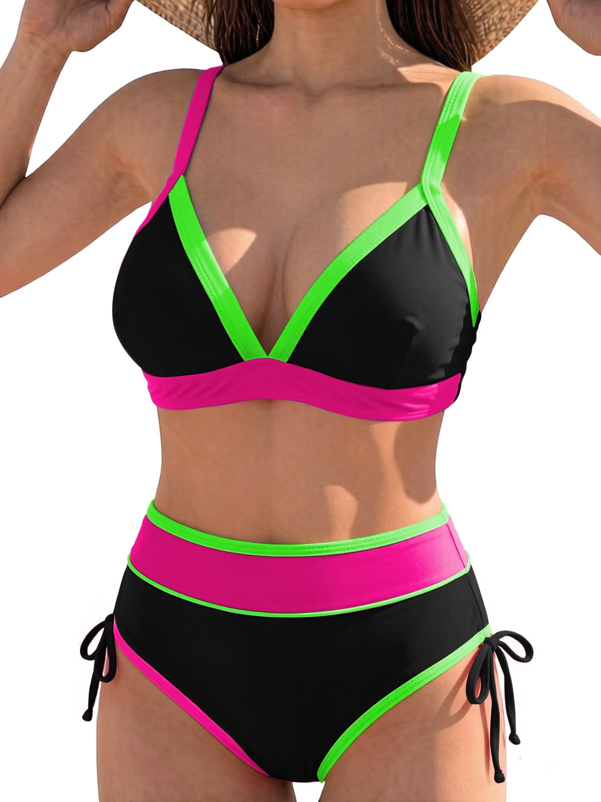 JFAN Traje de baño de Mujer de Dos Piezas Sexy Push up Cuello en V Talle Alto Bañadore Bikini de Conjunto Bloques de Color de Moda Piscina en la Playa