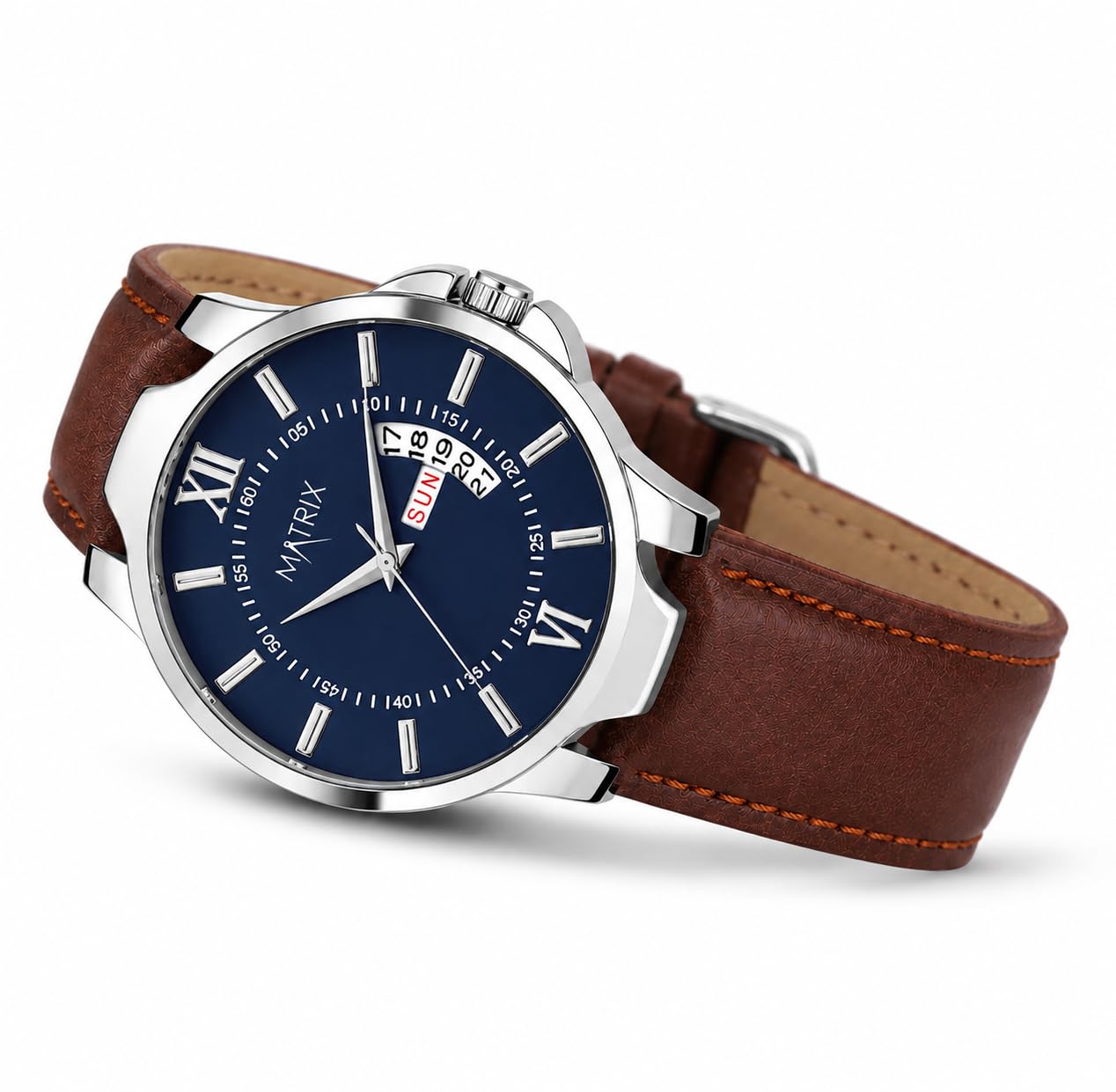 Matrix Antique Day & Date Leather Strap Analog Watch - Blue - Brown - Image 1