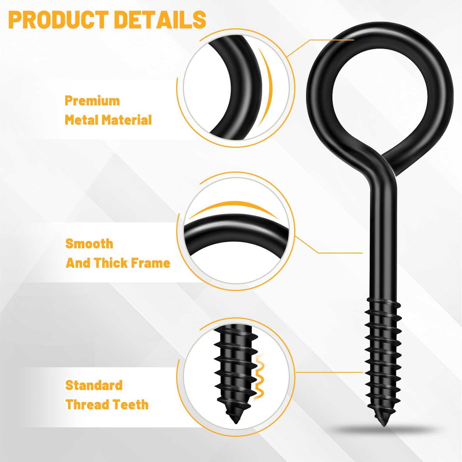 Dpyrrhic 4PCS Eye Hooks Screw, 5 Inch Black Eye Hooks Screw Self Tapping Eye, Heavy Duty Eye Bolt for Wood Securing Cables Wire, Hanging for Indoor & Outdoor Use