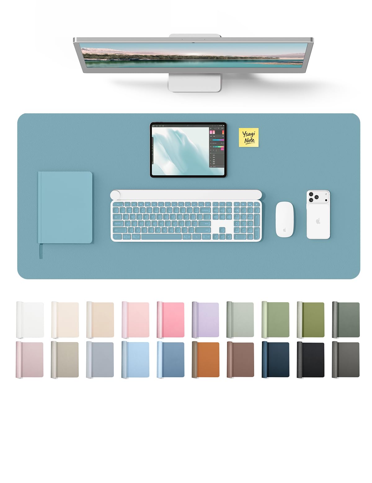 YSAGi Aquamarine PU Leather Desk Pad Protector 35.4" x 17" | Protects Your Desk from Scratches, Stains, and Heat - main product image