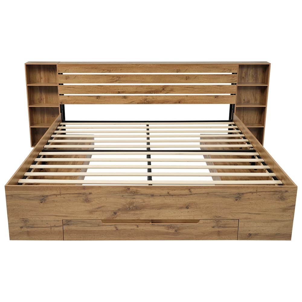 Letto matrimoniale in, letto con illuminazione a LED e testata e cassetti USB C, struttura a doghe in legno, rovere (senza materasso) (160 x 200 cm)