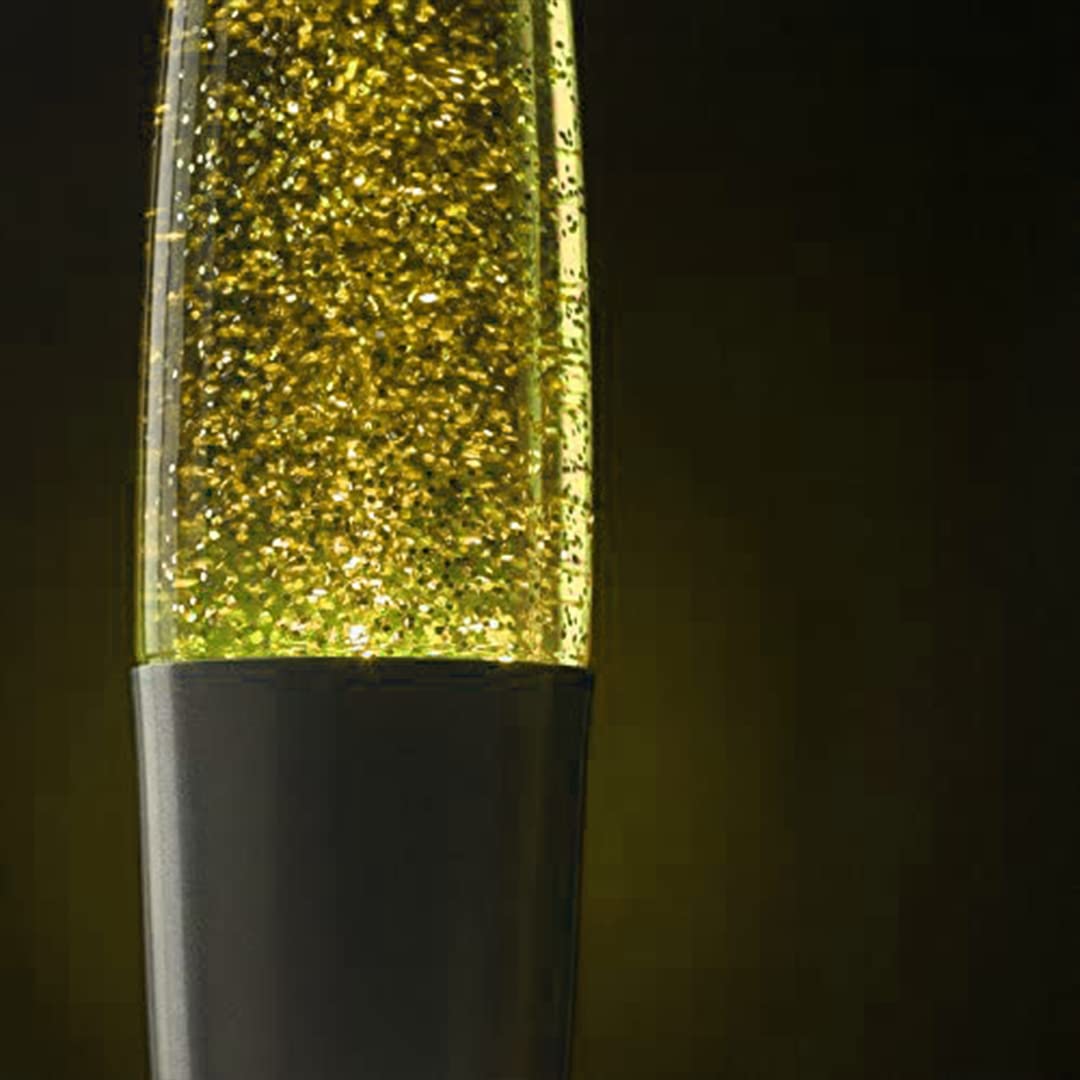 Lampara de Lava Purpurina Glitter Destellos color Amarillo, 40 cm de Altura, Base Gris