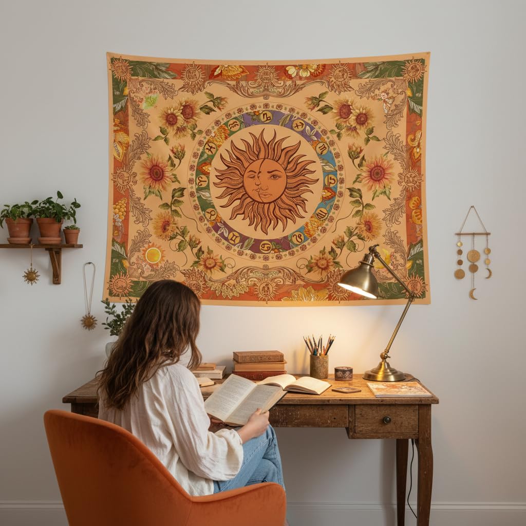 Accnicc Żółty gobelin ze słońcem i księżycem, vintage, indyjski, boho, wiszący gobelin ścienny ze słonecznikami, motylami, konstelacją, estetyczne gobeliny ścienne do sypialni, akademika, salonu