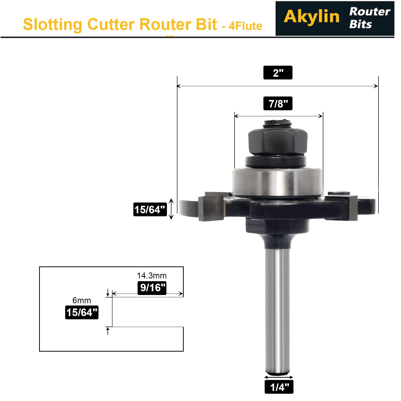 Akylin Slotting Cutter Router Bit, 1/4 Inch Shank, 4 Wing Slot Router Cutter Bit with bearing, 15/64” Height X9/16” Depth - Image 2