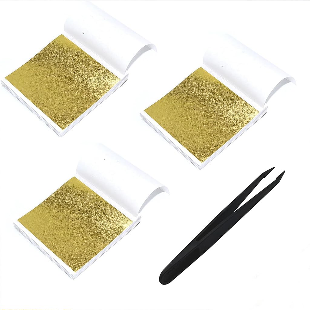 Juego de 300 hojas de imitación de oro con pinzas, lámina de oro de alta calidad para manualidades, papel dorado para manualidades, proyectos de arte, decoración, muebles, dorado, hoja de cobre