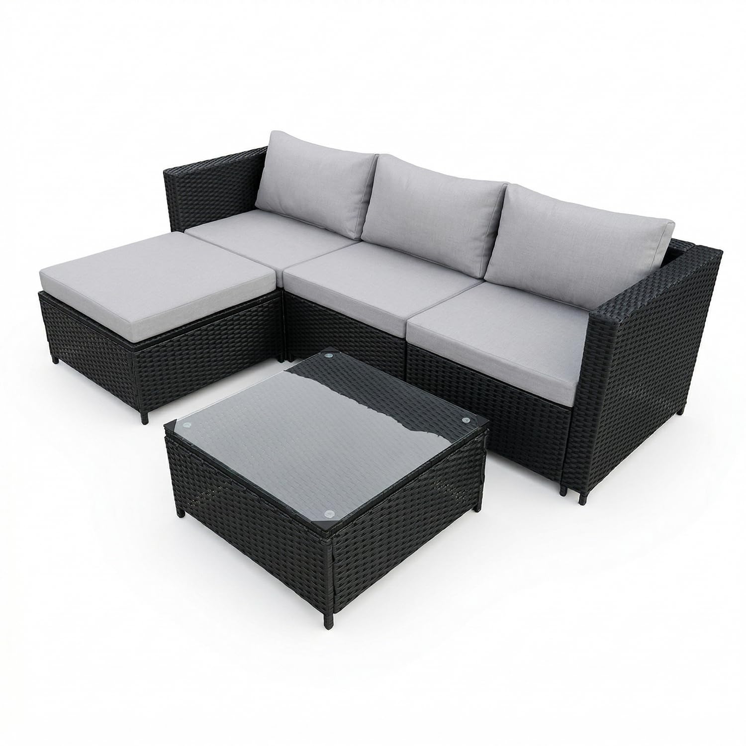 COZYBRITE Garden Corner Sofa Rattan Furniture Set 4 Seater Patio Outdoor Lounge Settee with Glass Coffee Table All-weather SFS066 (Mix Grey Rattan+Grey Cushion) — view 8