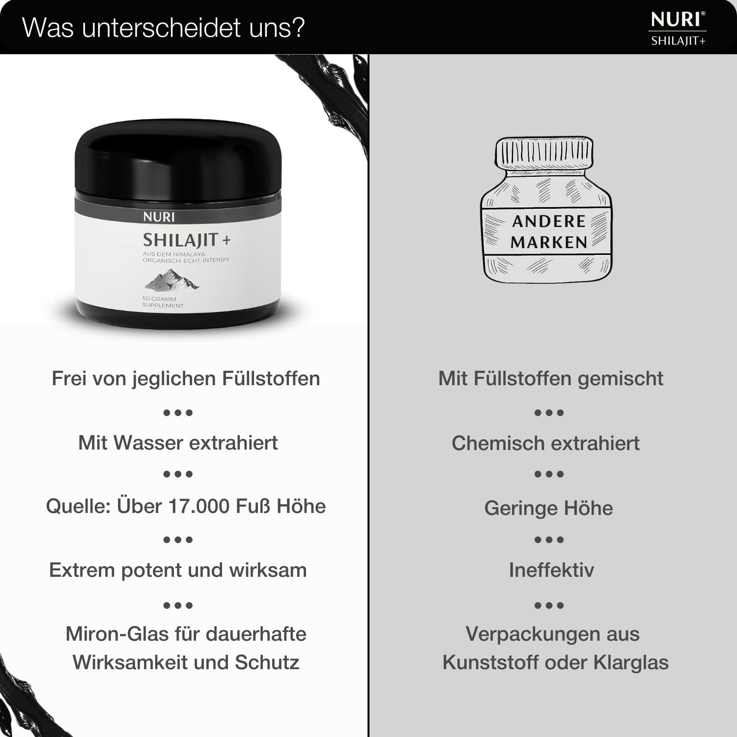 NURI Resina original Shilajit – 50 g de resina pura orgánica del Himalaya – 100 porciones – 89% ácido fúlvico – Vegano, probado en laboratorio y fabricado en Alemania