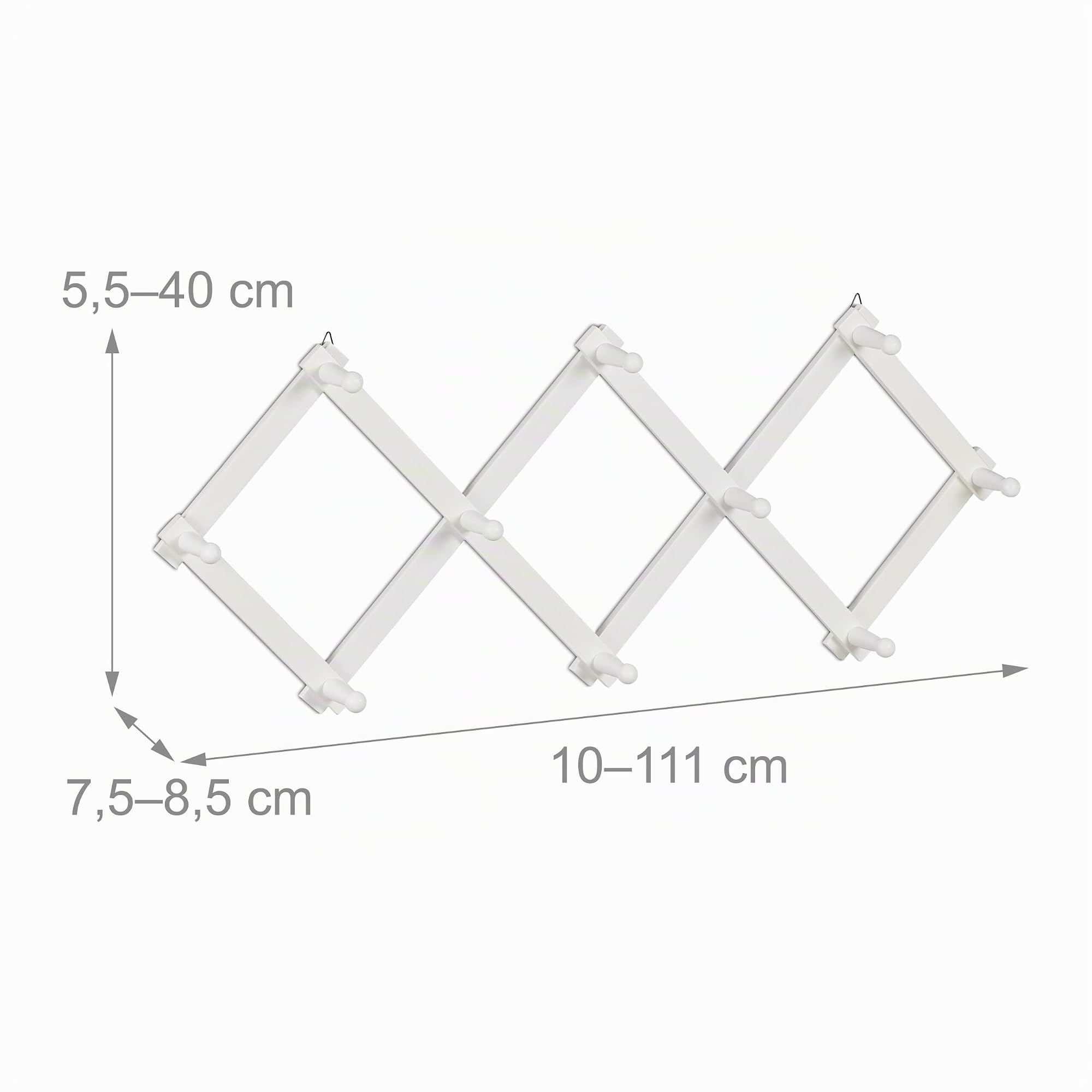 Relaxdays Attaccapanni da Parete, Appendiabiti Allungabile con 10 Ganci, Guardaroba Appendino Ingresso, Legno, Bianco