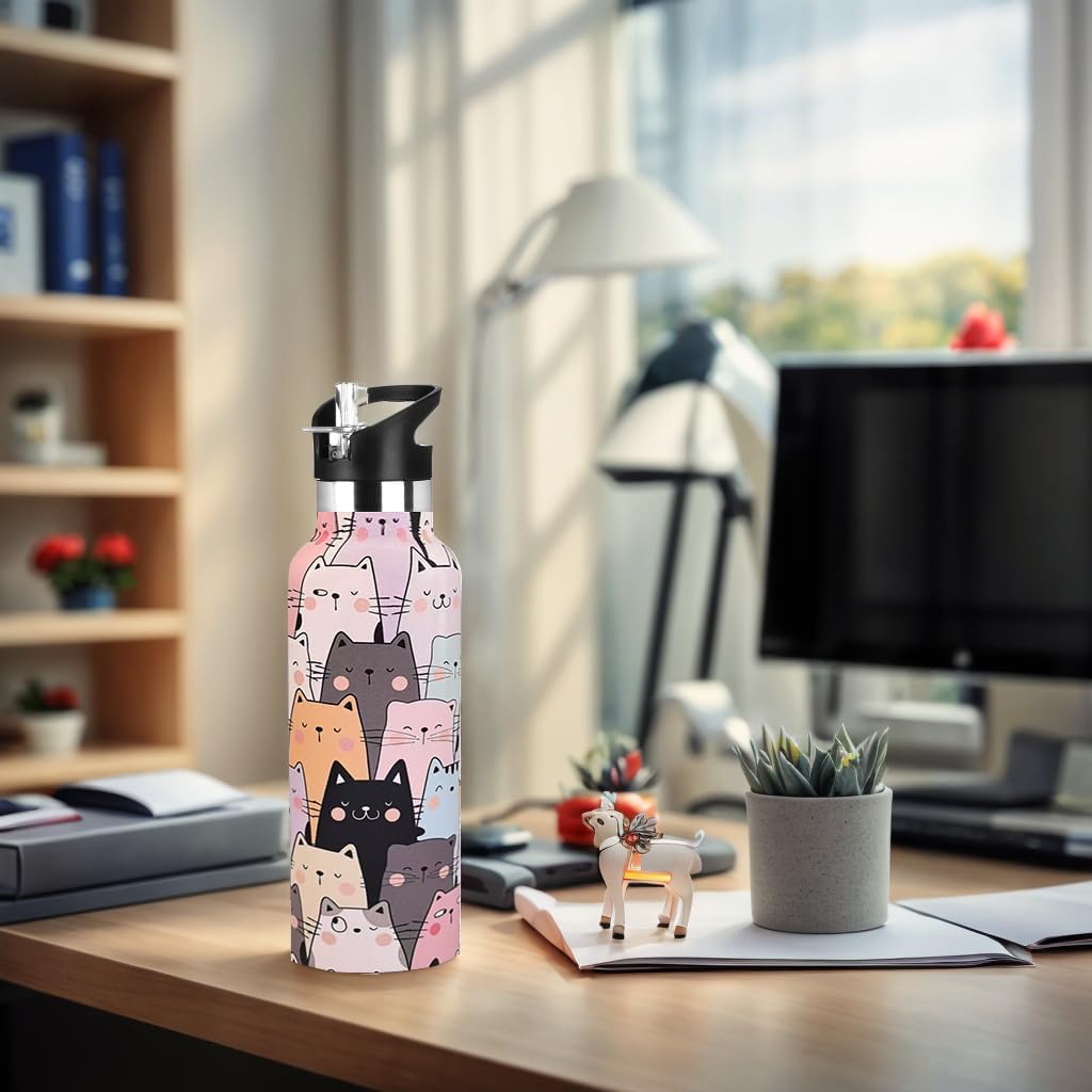 Cat Water Bottle Adult Kids With Straw Lid Insulated Stainless Steel Travel Mugs for Sport Gym Outdoor 20oz - Image 5