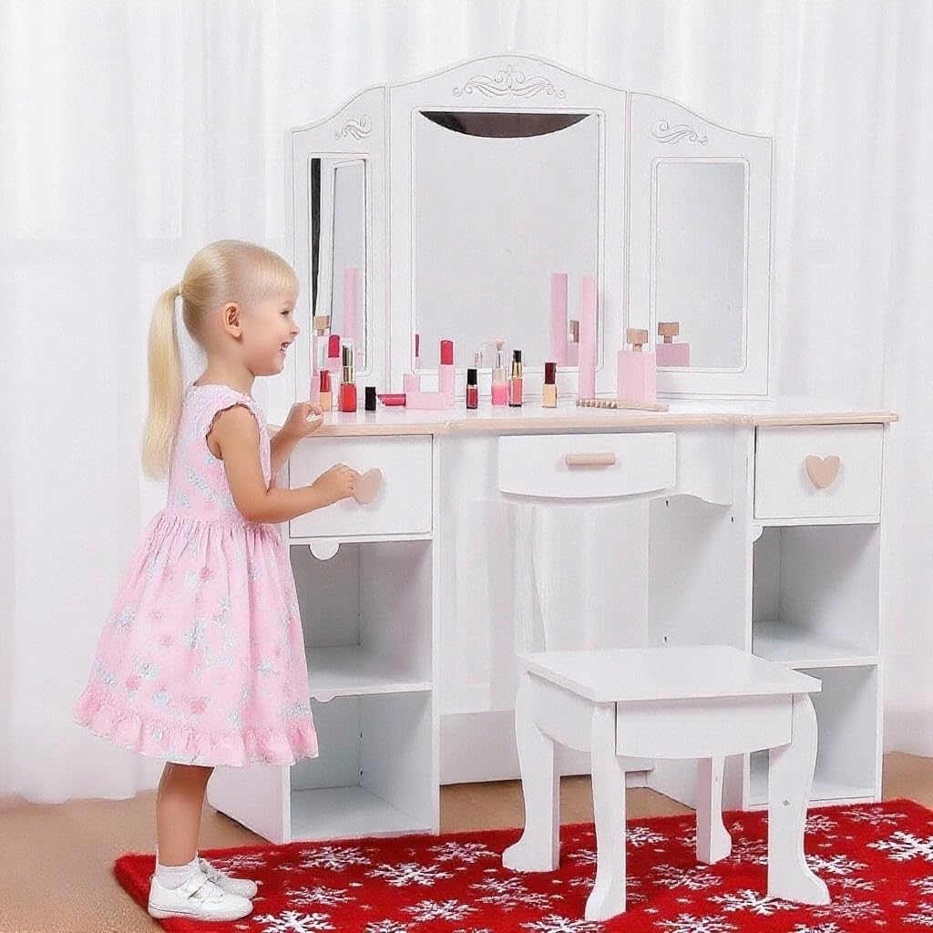 Kids Vanity Table with Tri-Folding Mirror and Stool,Vanity Set with Mirror and Drawers for Kid Age 4-9,White