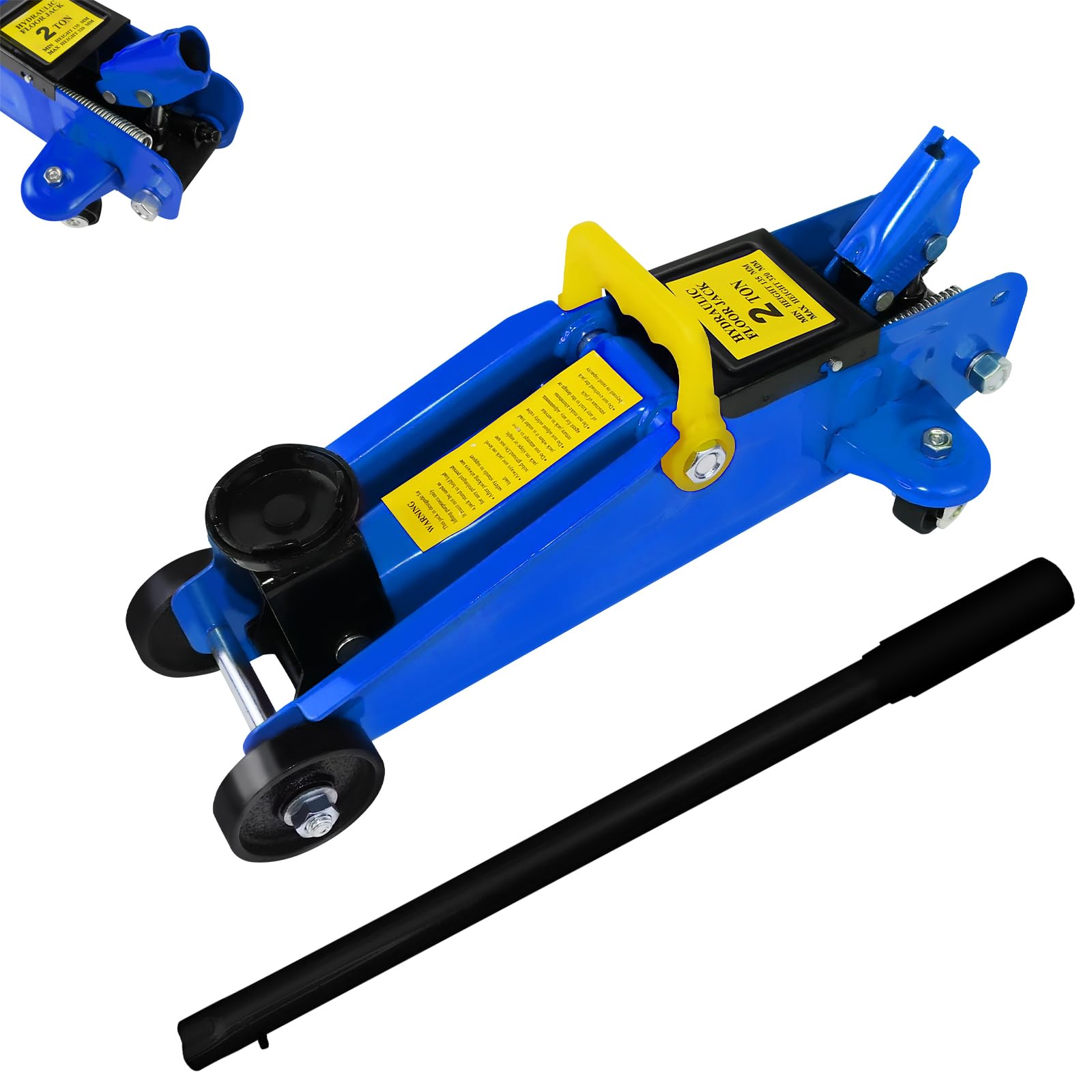 Gato hidráulico de 2 toneladas con asa, altura ajustable, con 4 ruedas y maletín, para turismos, furgonetas, 450 x 195 x 135 mm (azul)