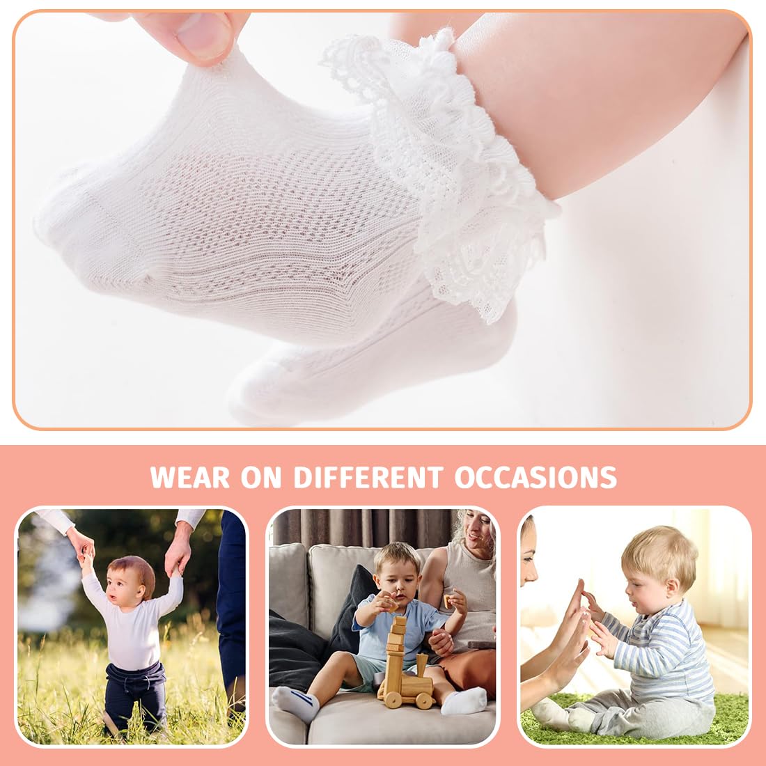 Confezione da 2 calzini in pizzo con volant, per bambini, per la scuola, per bambini, con volant, in cotone, pizzo, per battesimo, occhielli, per neonati
