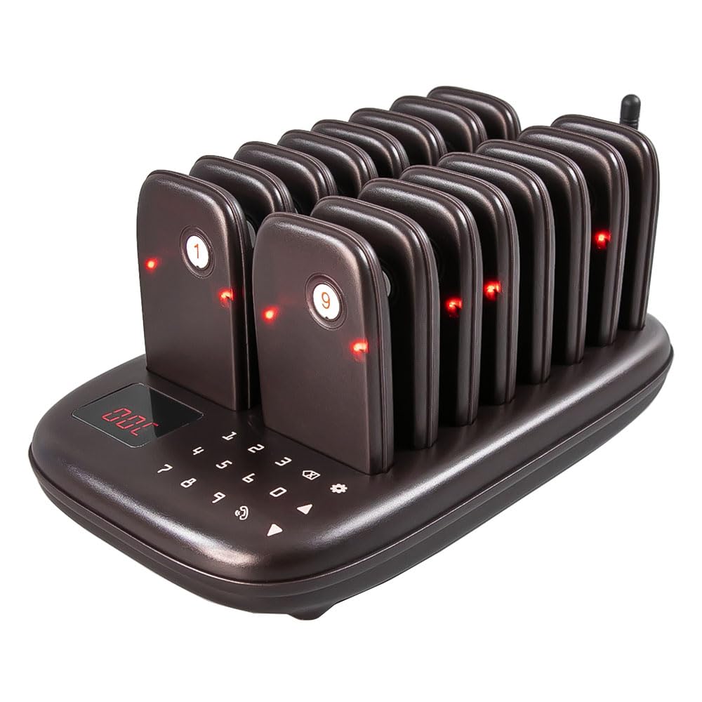 AGJ Restaurant Pager System (No Vibration) 16 Wireless Brown Beeper Buzzer System Touch Keyboard Queue Pagers for Food Truck Church Nursery Clinic Coffee Shop