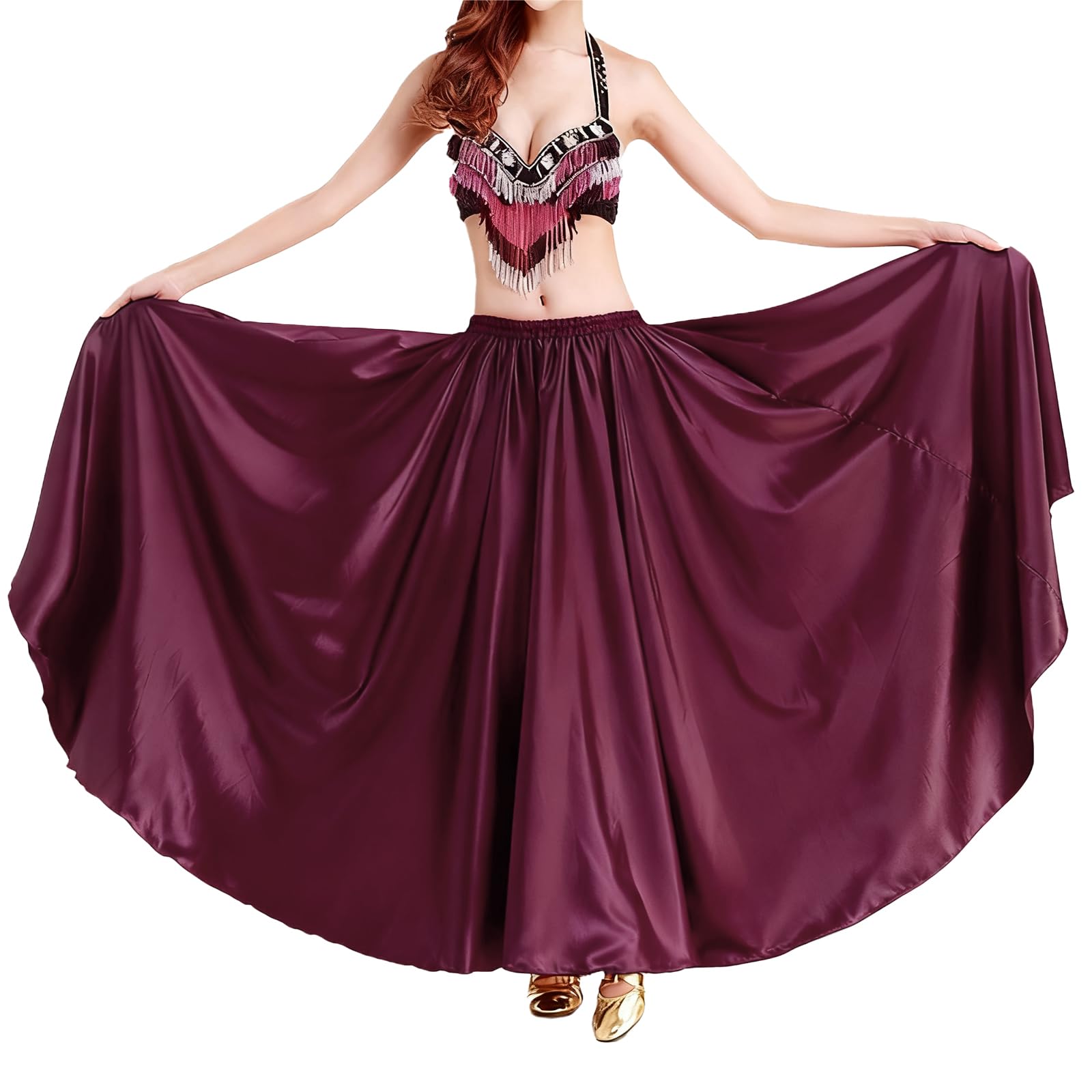 Baisdan Jupe Danse Orientale Femme en Satin, Jupe Longue Cercle Complet pour Flamenco, Halloween, Cosplay