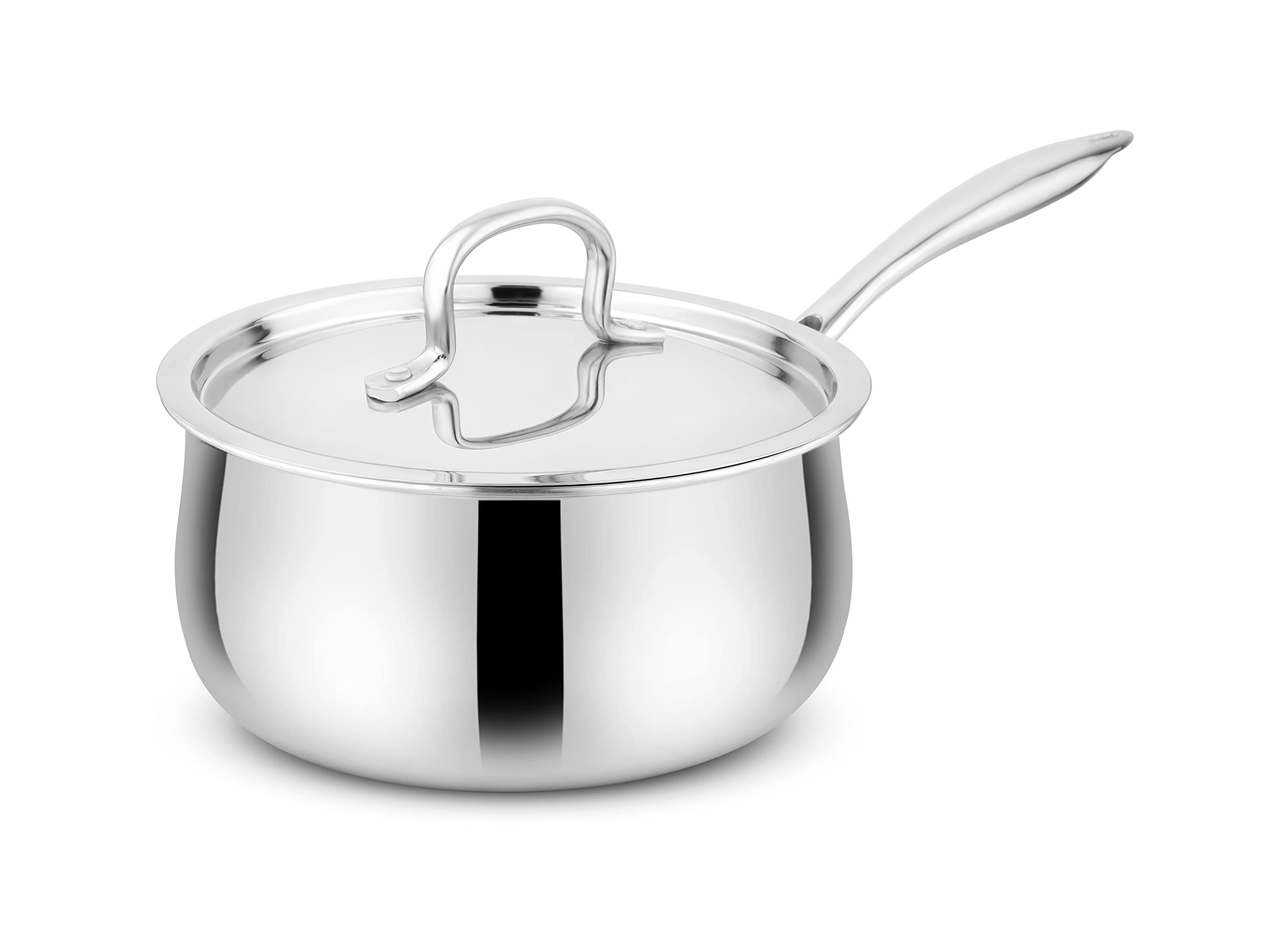 Prabha Tri-Ply Stainless Steel Kalash Sauce Pan, Included Lid, 14cm, 1.3L Heavy Duty Cooking Pot for Soups, Chilli, Pasta, Curries,Stews, Induction and Gas Stove Compatible