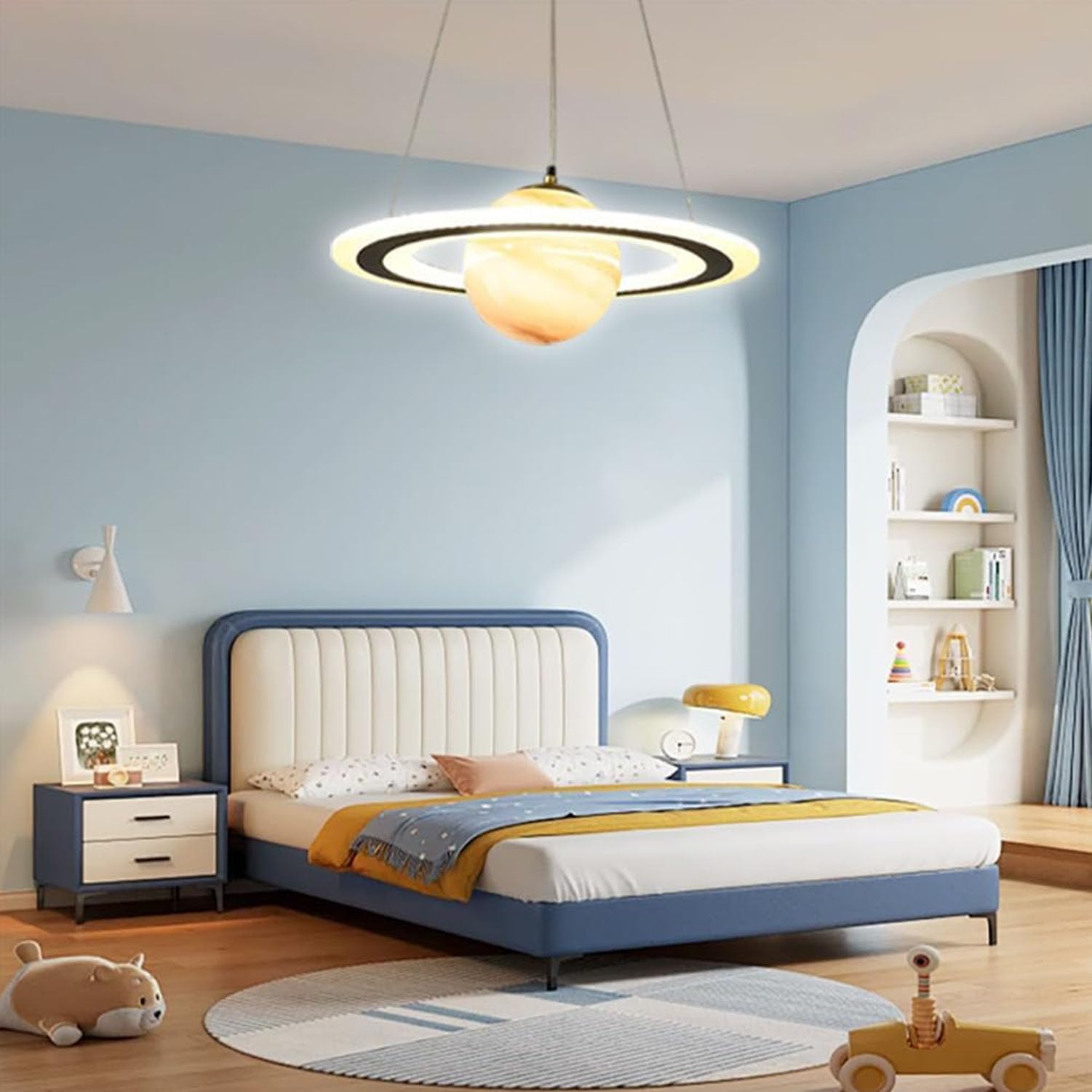 Lampadario Sospensione Bambini - Plafoniera LED Moderna a Forma di Pianeta, 45W Dimmerabile con Telecomando, Design Creativo Spaziale per Cameretta, Nursery e Area Giochi (Arancione, 55cm)