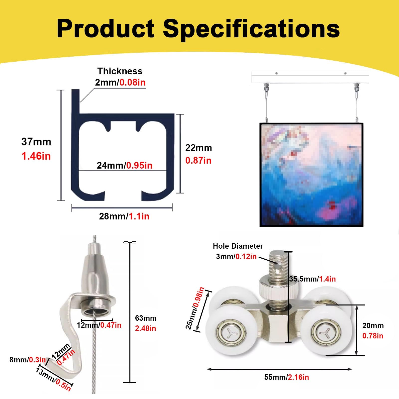 WDJBPSH Bilderaufhängungsschiene Bilderrahmen für Die Wand Hängeschiene, Galerieschiene mit Beweglichem Draht für Heim, Geschäft, Ausstellungshalle(0.5m/19.7″Cable,1.7m/66.9″ Track)