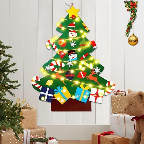 Miniatura 6 de UMEELR Árbol de Navidad de fieltro de 3.3 pies para colgar en la pared con 31 adornos y luces de Navidad, fieltro Montessori con velcro, decoración