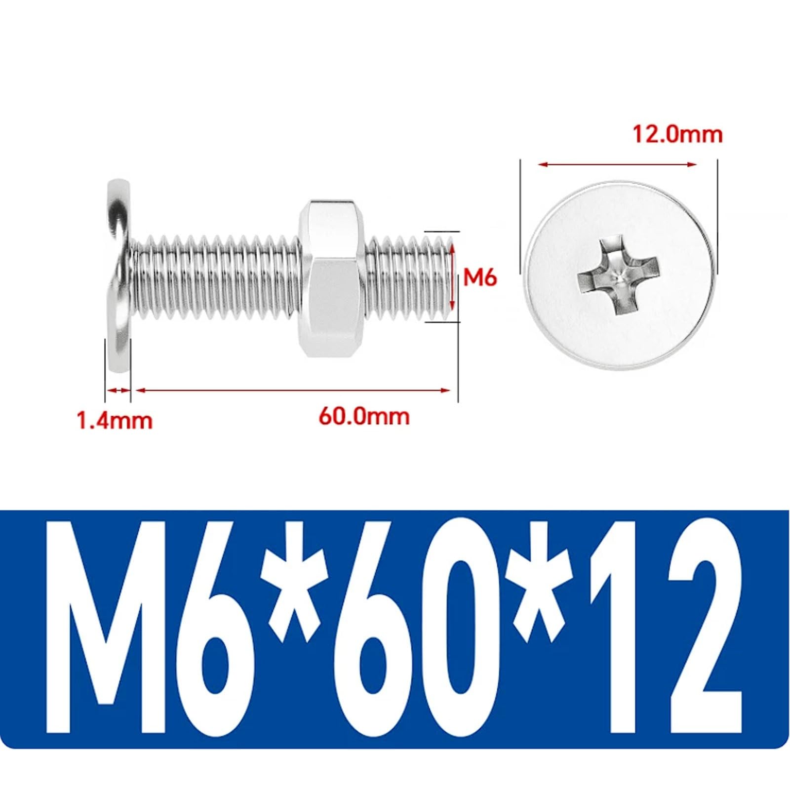 Kit de tuercas y tornillos de cabeza plana delgada cruzada M6 de acero inoxidable, pernos extra grandes de 12 mm de diámetro