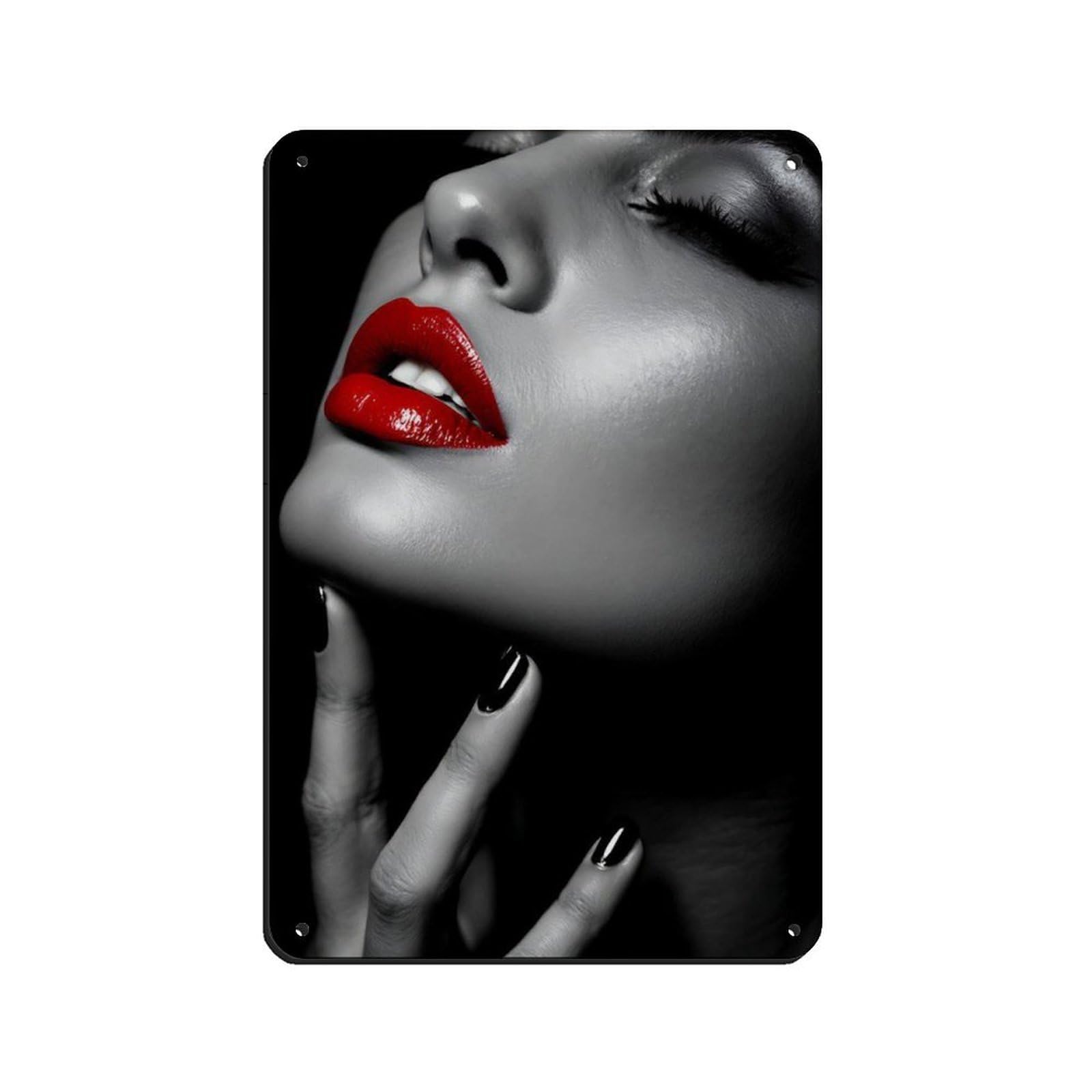 Sexy Red Lips Black And White Glamour Portrait Retro Poster Metal Tin Sign Chic Art Retro Iron Painting Bar People Cave Cafe Family Garage Poster Wall Decoration 8x12inch(20x30cm)