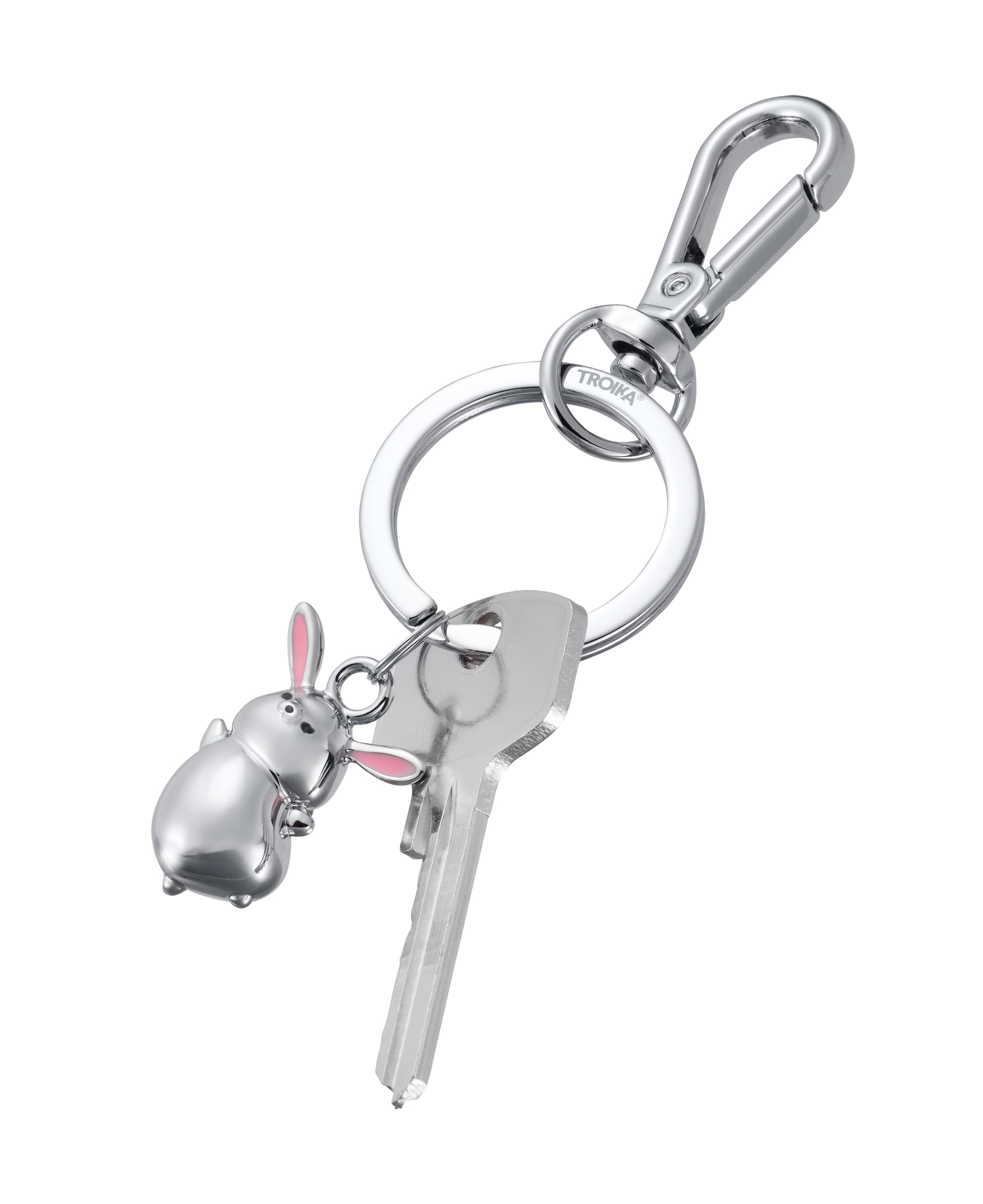 TROIKA Breloczek do kluczy zając TINY Rabbit metalowy z karabińczykiem mały zając z odlewu metalowego chromowany w kolorze srebrnym jako prezent na Wielkanoc dla miłośników zajączków